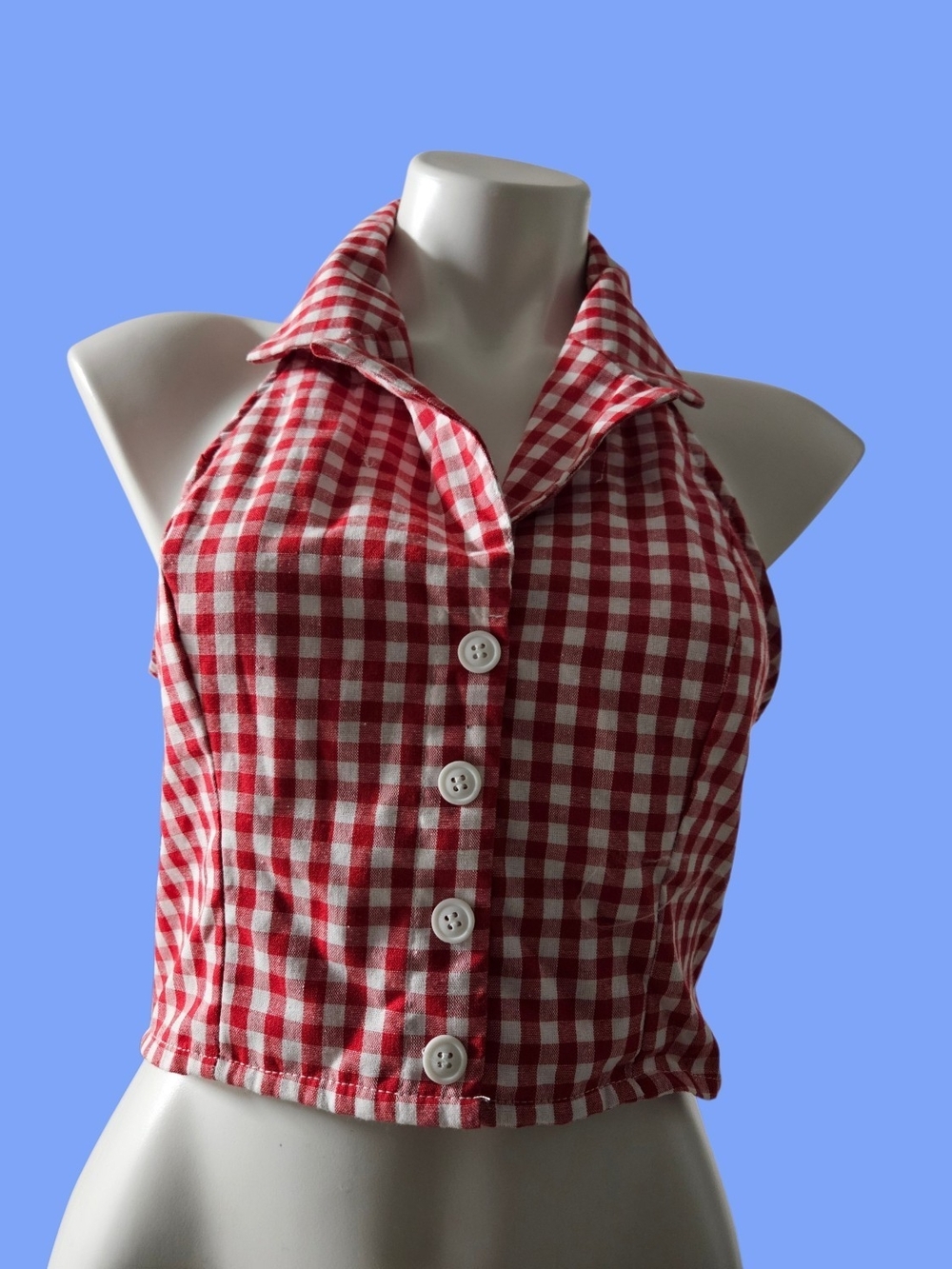 SHEIN Red & White Gingham Button Halter Camisole